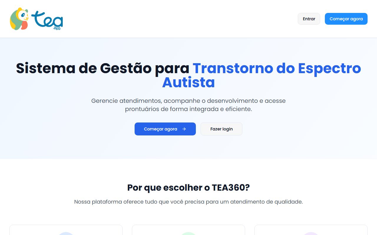 Captura de tela da página inicial do TEA360